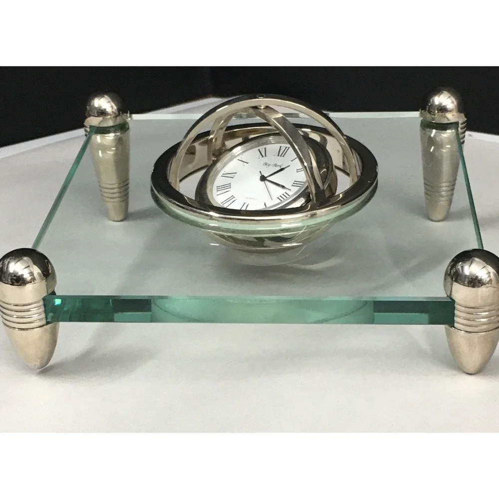 Vintage Bey-Berk Quartz Heavy Glass and Silver Desk Gyroscope Clock